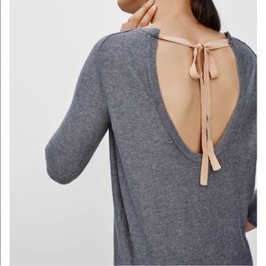 Gray Open-Back Sweater with Tie Detail